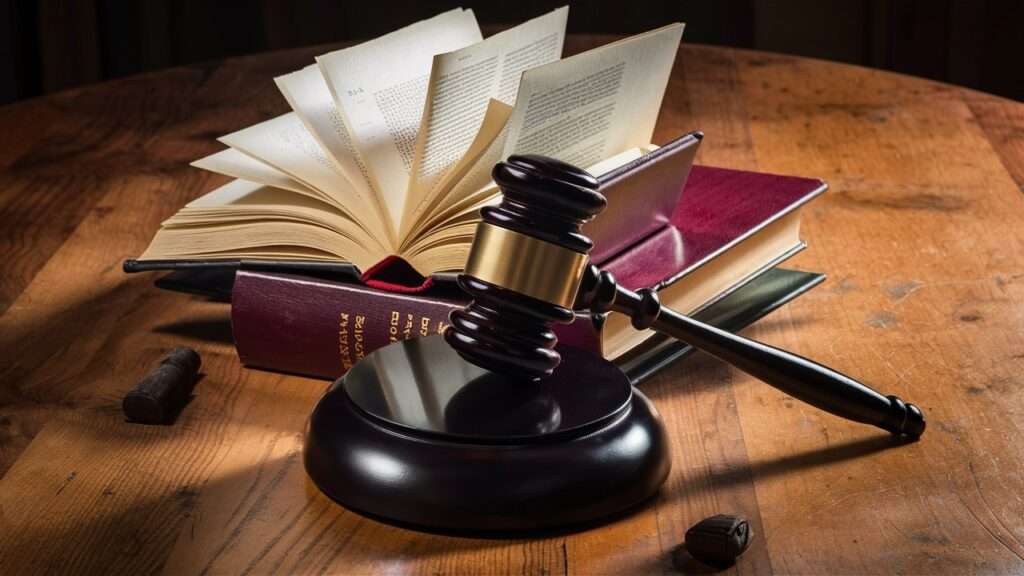 A gavel next to a law book