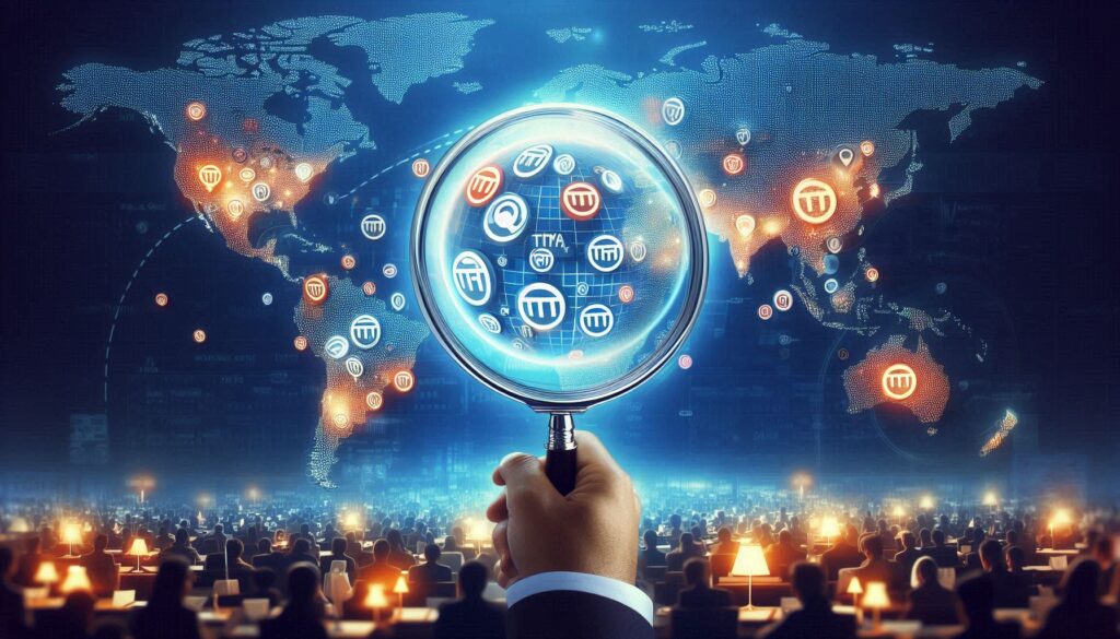 World map with a magnifying glass zoomed in on multiple international trademark registration completed company logos.